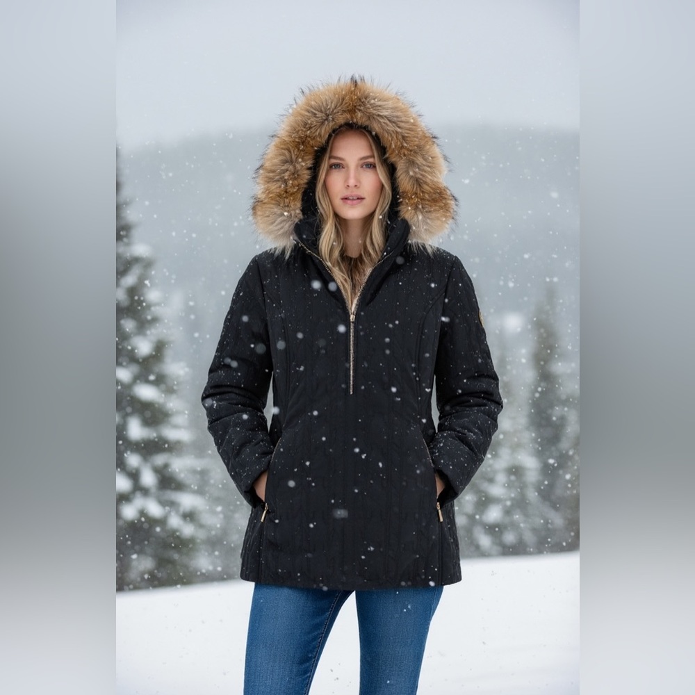Postcard Black Quilted ski Jacket with Fur Trim